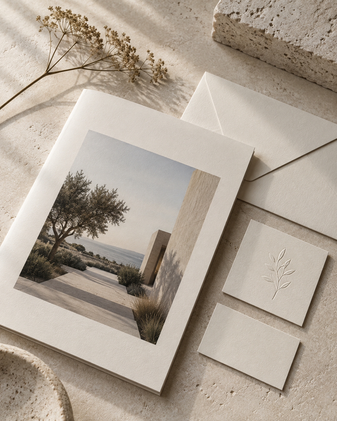 Warm ivory stationery for the fictional Aster House identity