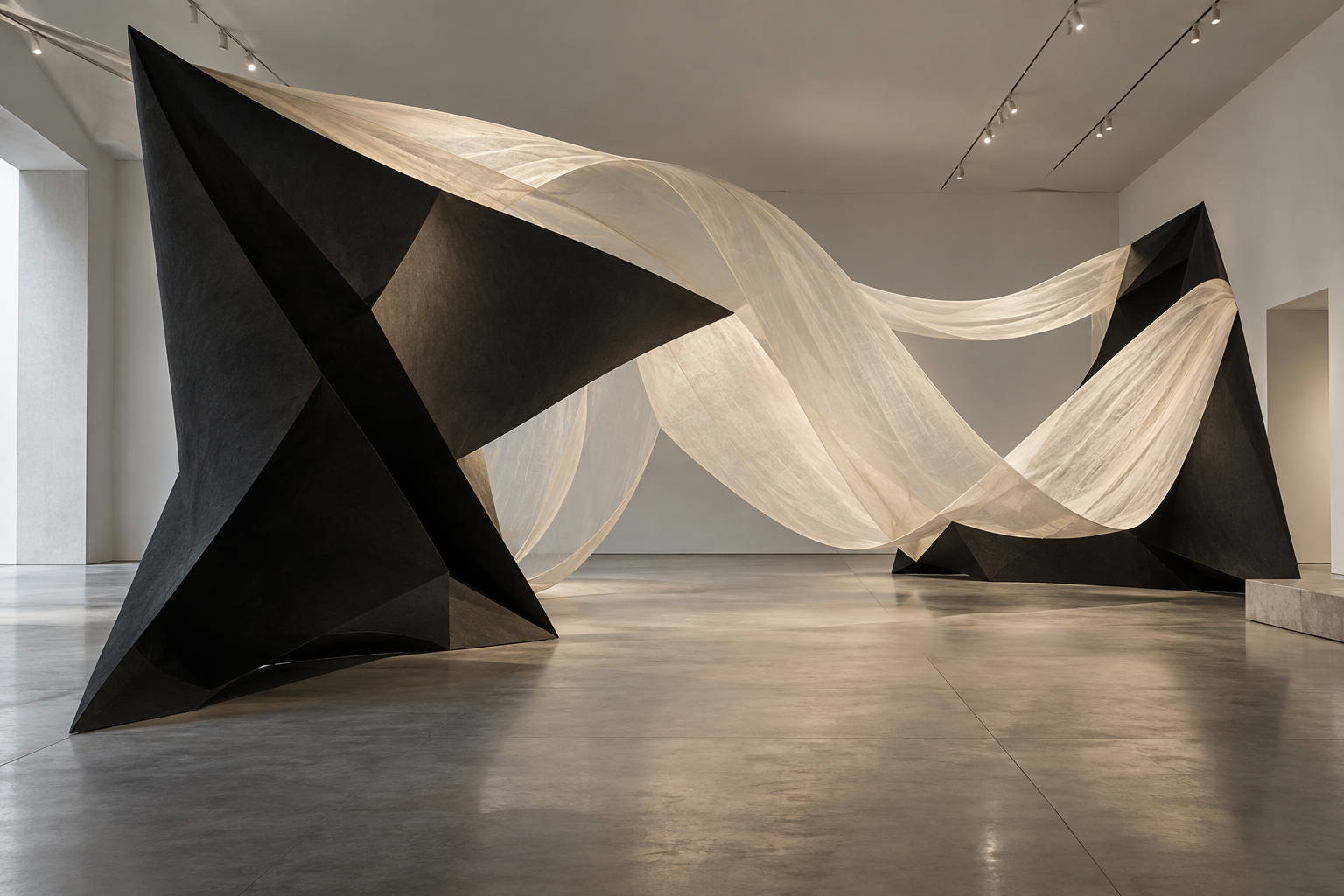 Abstract black paper and ivory textile installation for fictional Common Ground Arts