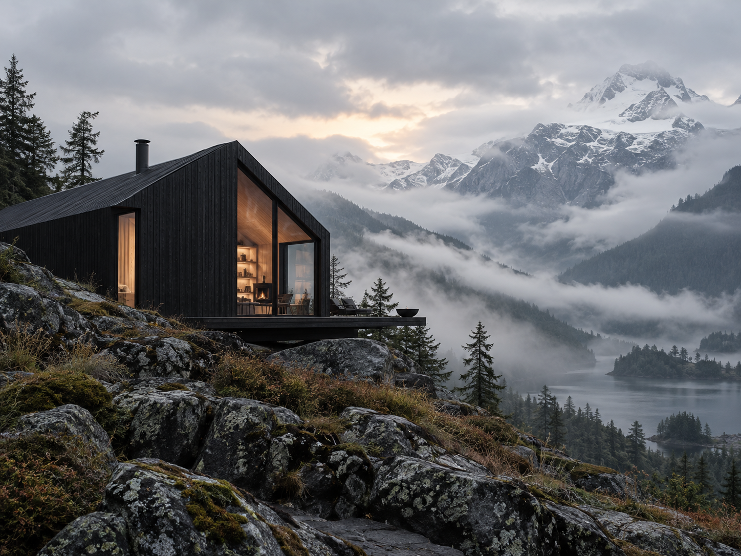 Fictional Kinfield Editions black timber retreat in misty mountains